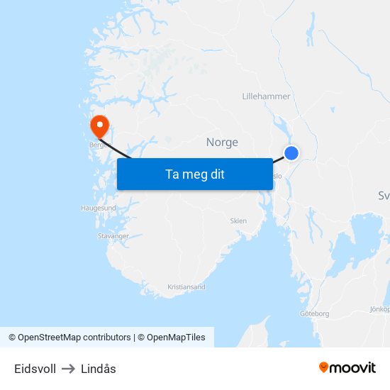 Eidsvoll to Lindås map