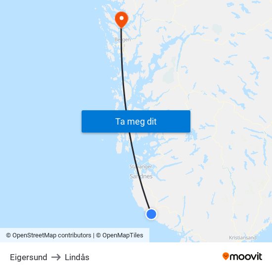 Eigersund to Lindås map