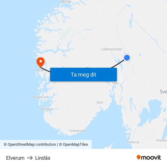 Elverum to Lindås map