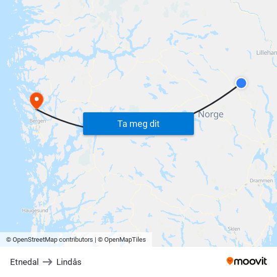 Etnedal to Lindås map