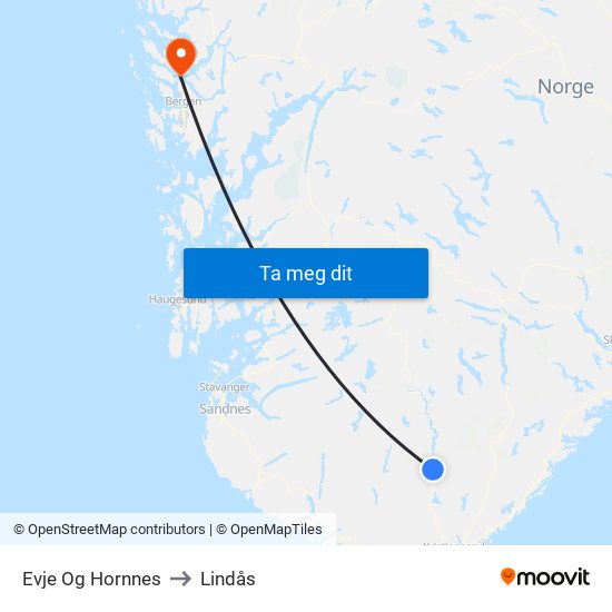 Evje Og Hornnes to Lindås map