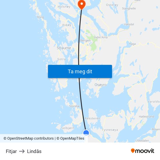 Fitjar to Lindås map
