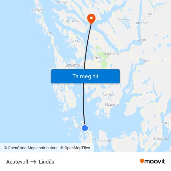 Austevoll to Lindås map