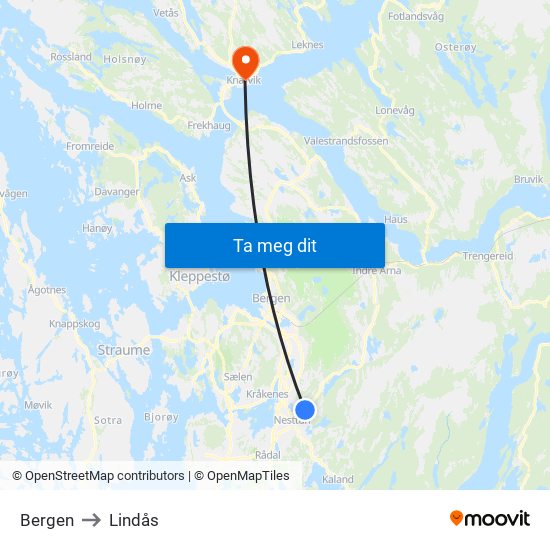 Bergen to Lindås map