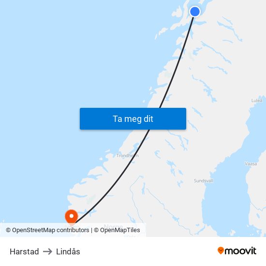 Harstad to Lindås map