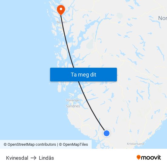Kvinesdal to Lindås map