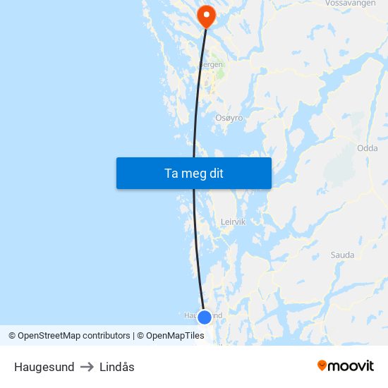 Haugesund to Lindås map