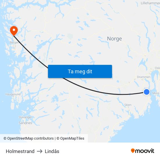 Holmestrand to Lindås map