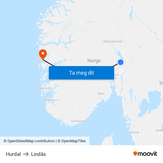 Hurdal to Lindås map