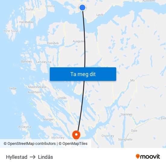 Hyllestad to Lindås map
