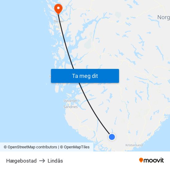 Hægebostad to Lindås map
