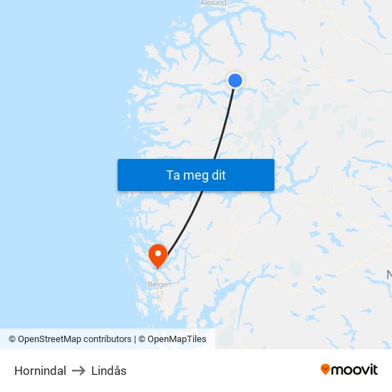 Hornindal to Lindås map