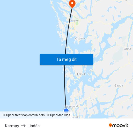 Karmøy to Lindås map