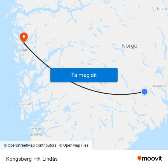 Kongsberg to Lindås map