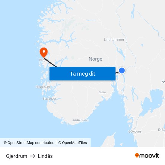 Gjerdrum to Lindås map