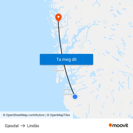 Gjesdal to Lindås map