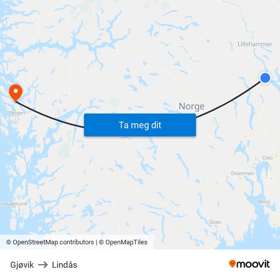 Gjøvik to Lindås map