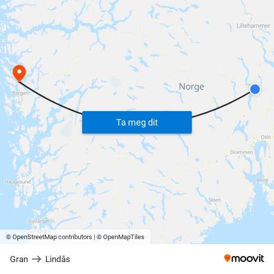 Gran to Lindås map
