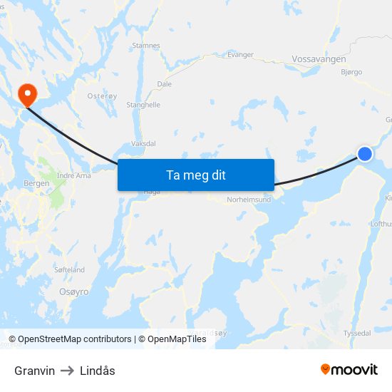 Granvin to Lindås map