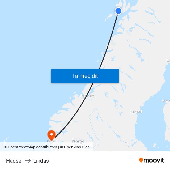 Hadsel to Lindås map