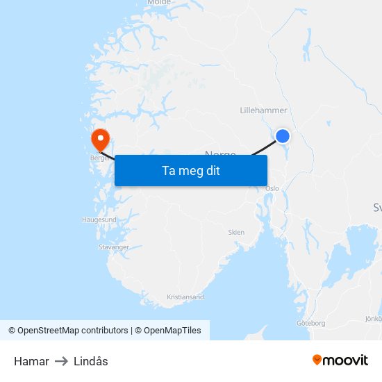 Hamar to Lindås map