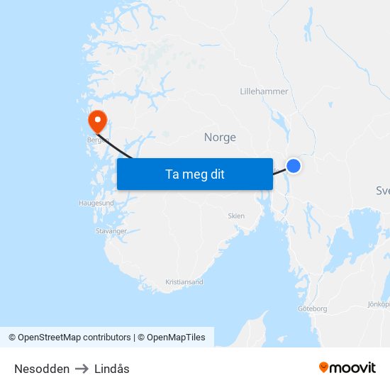 Nesodden to Lindås map