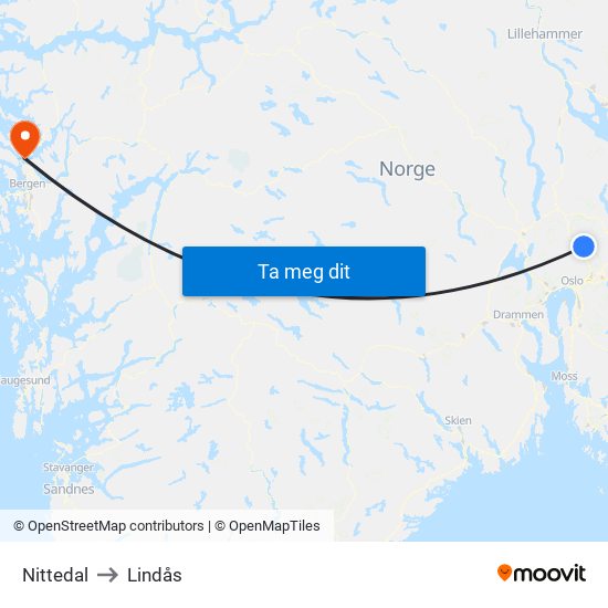 Nittedal to Lindås map