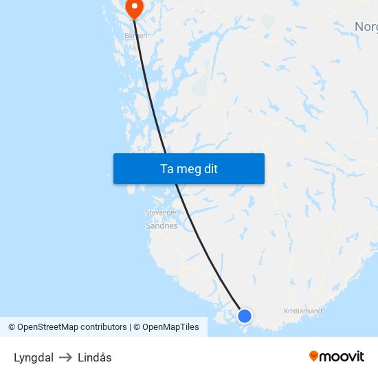 Lyngdal to Lindås map