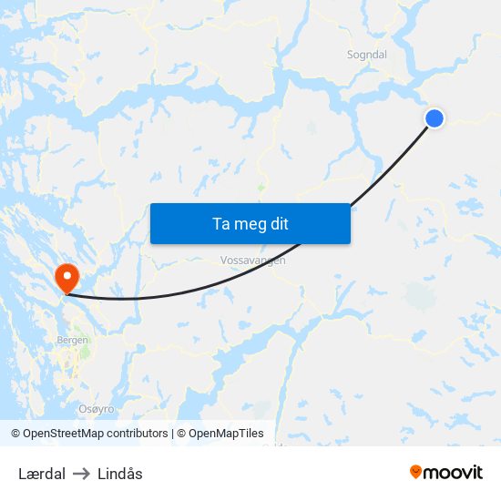 Lærdal to Lindås map