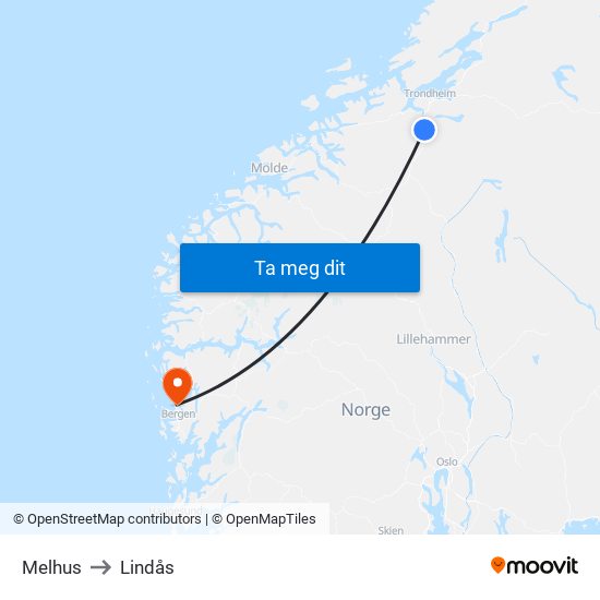 Melhus to Lindås map