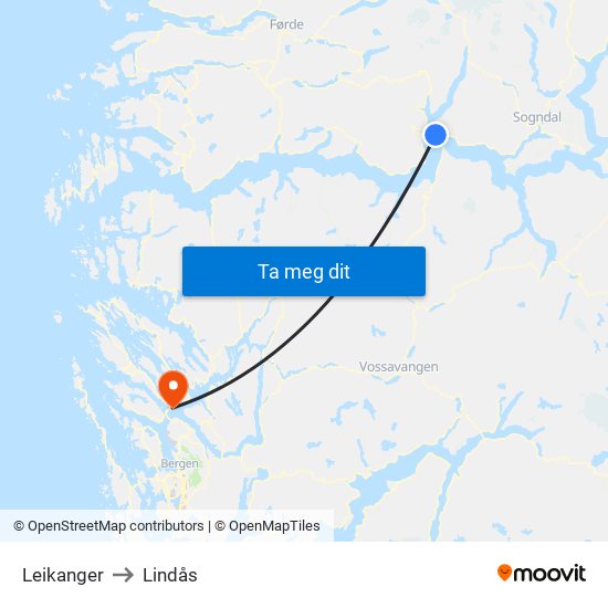 Leikanger to Lindås map