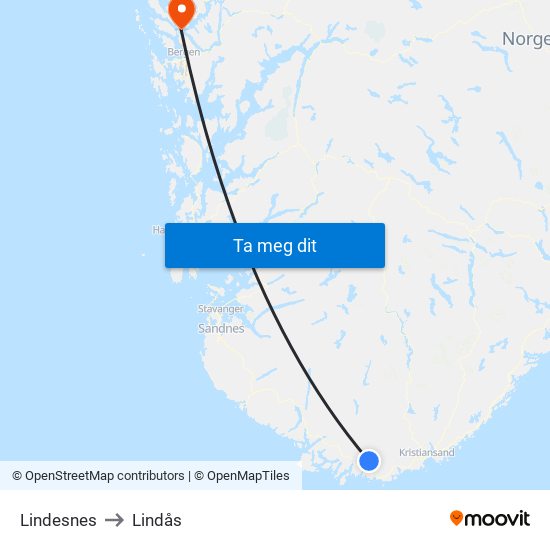 Lindesnes to Lindås map