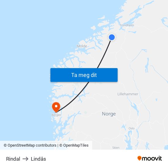 Rindal to Lindås map