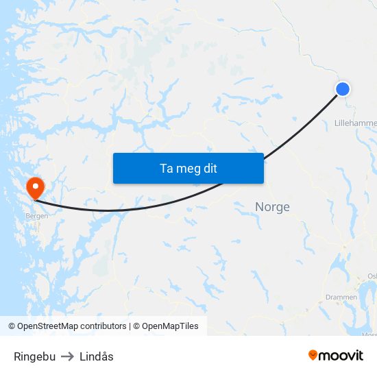 Ringebu to Lindås map