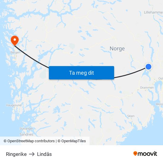 Ringerike to Lindås map