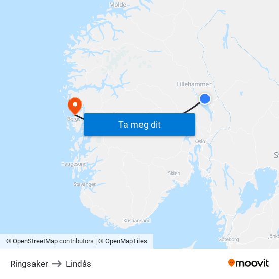 Ringsaker to Lindås map