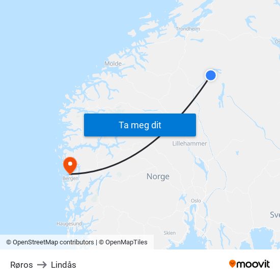 Røros to Lindås map