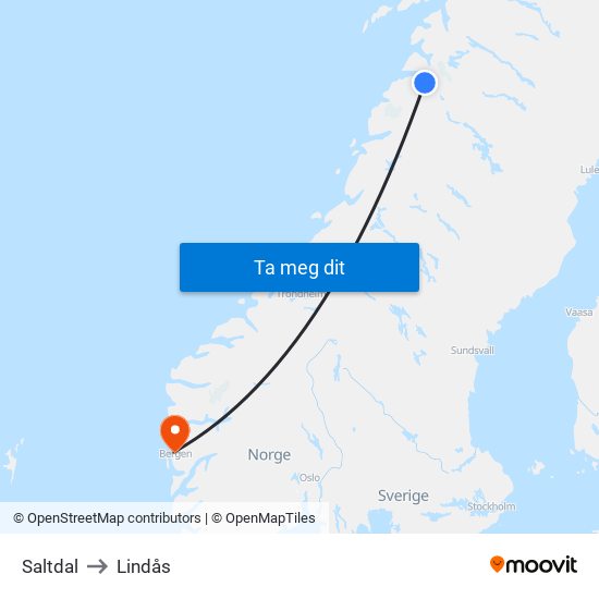 Saltdal to Lindås map