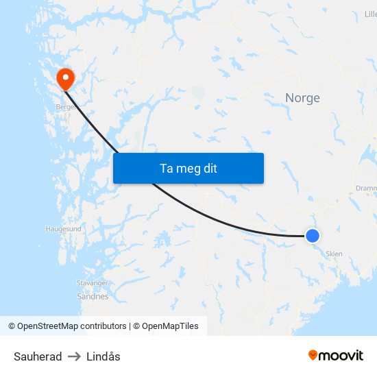 Sauherad to Lindås map