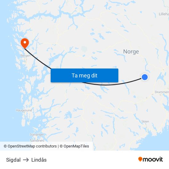 Sigdal to Lindås map