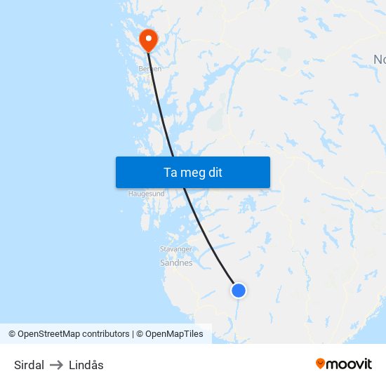 Sirdal to Lindås map