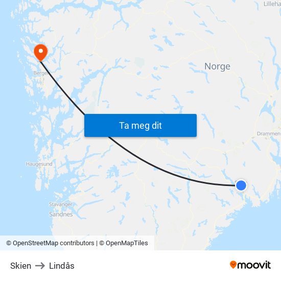 Skien to Lindås map