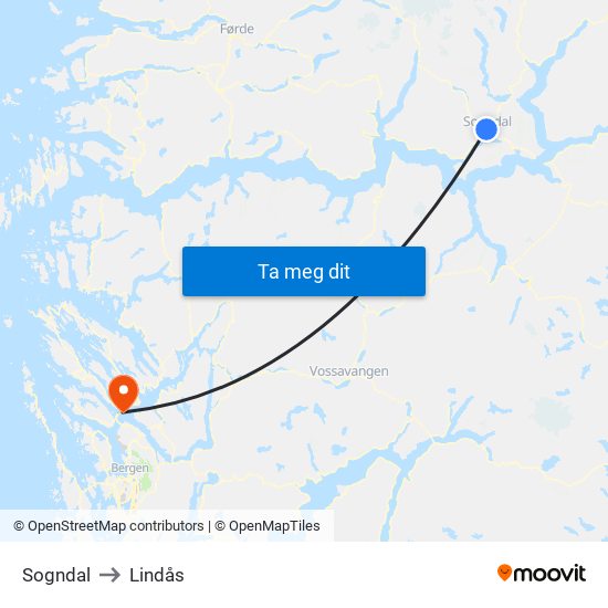 Sogndal to Lindås map
