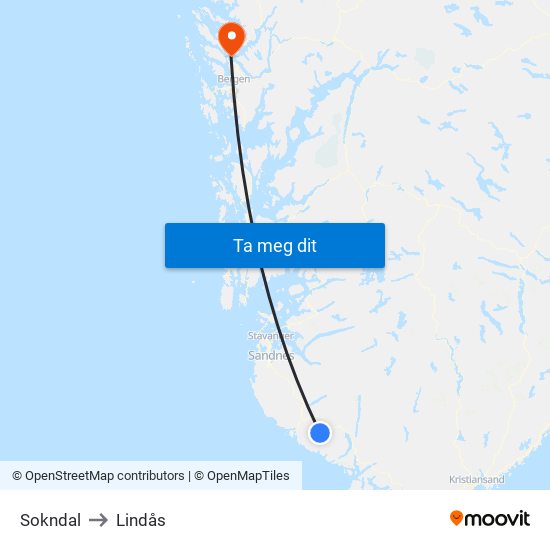 Sokndal to Lindås map
