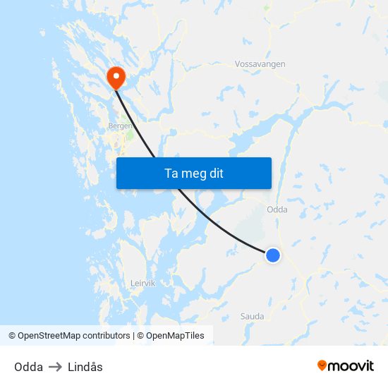 Odda to Lindås map