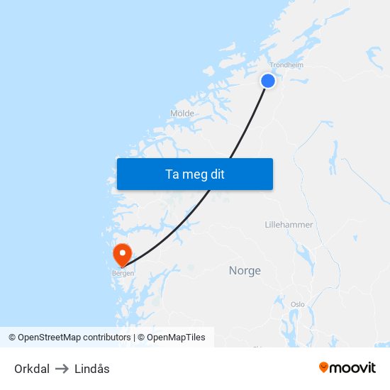 Orkdal to Lindås map