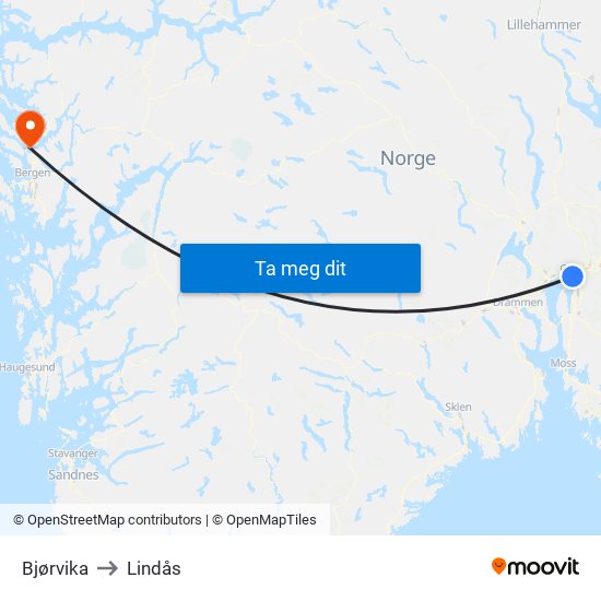 Bjørvika to Lindås map