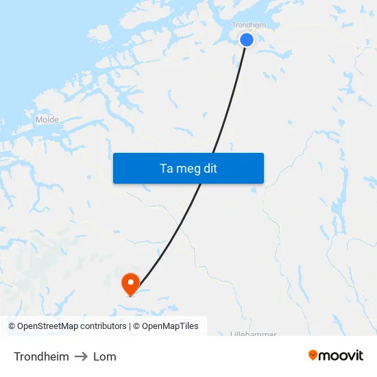 Trondheim to Lom map