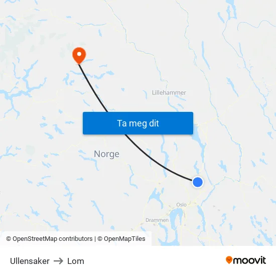 Ullensaker to Lom map
