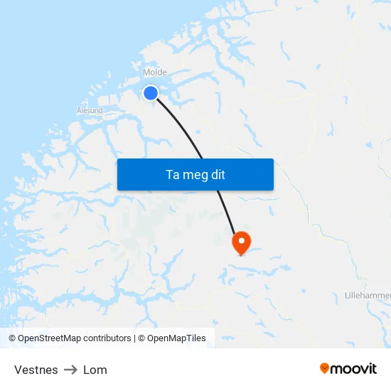 Vestnes to Lom map